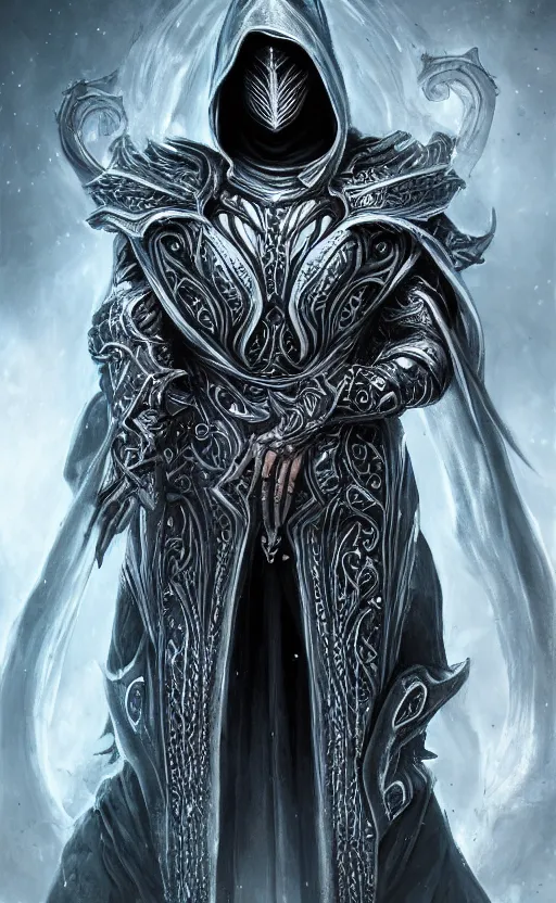 Image similar to character concept, beautiful warlock in armor, black hair, hooded cowl, intricate smooth patterns, cosmic armor, diablo splash art, cinematic lighting, hr giger style