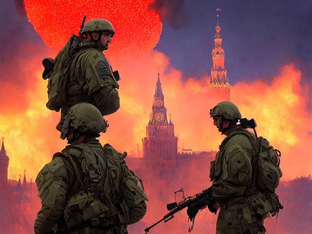 Prompt: special forces nato soldier with yellow shoulder patch watches red square kremlin burning in the background, d & d, fantasy, bright atmosphere, volumetric lights, intricate, elegant, extremely detailed, digital painting, artstation, concept art, matte, smooth, sharp focus, hyper realistic, illustration, art by artgerm and greg rutkowski and alphonse mucha