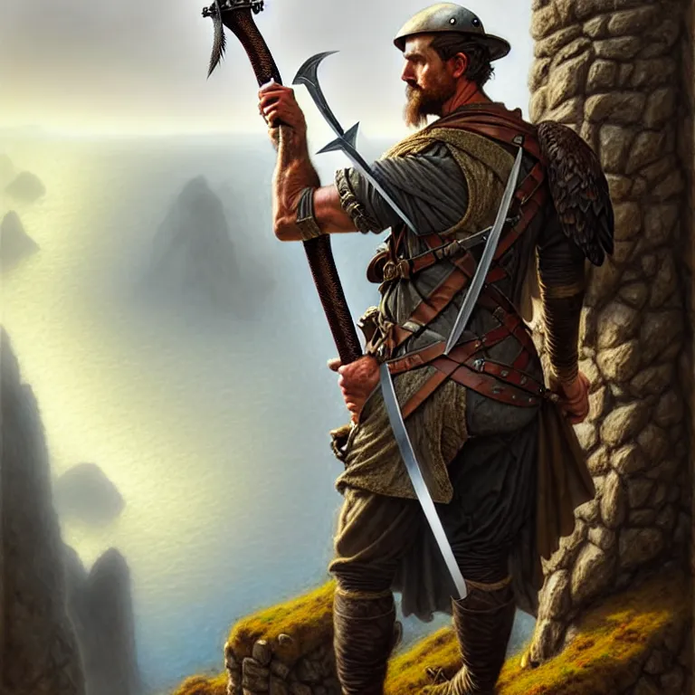 Prompt: middle age ranger with rugged expressions falcon pet on his shoulder holding a long sword, top a cliff observing old ruins of a castle, elegant clothing, photorealistic render, matte painting, highly detailed, artstation, smooth, sharp focus, art by michael whelan, artgerm, greg rutkowski