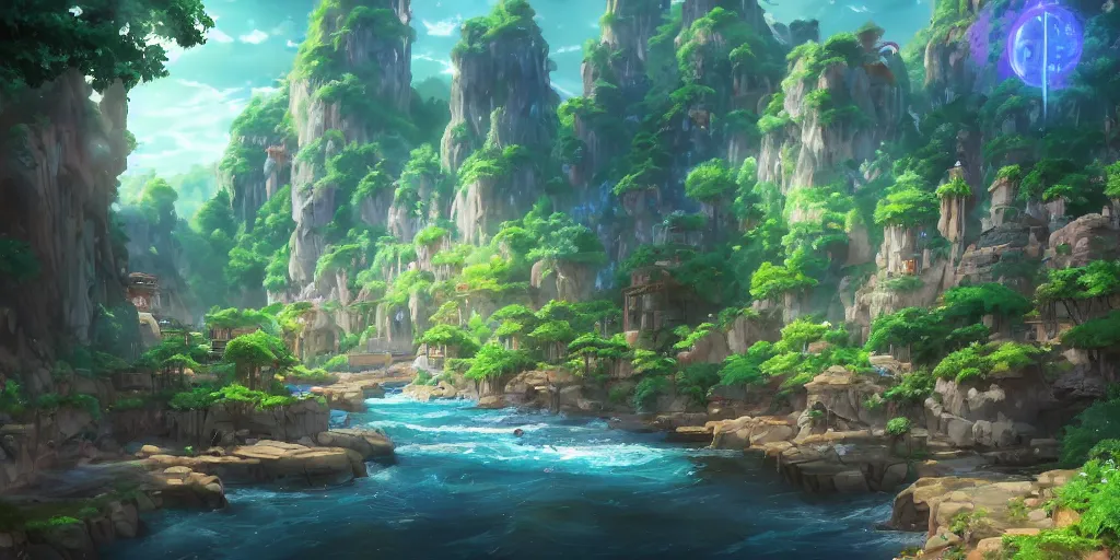 Prompt: beautiful and immersive magical town, magical buildings, bioluminescent forest surrounding, gentle rivers flowing through town, award - winning - anime style - cinematic lighting, hdr, amazing clarity, lifelike, 4 k, smooth - stunning and beautiful view - unbelievably amazing - in the style of hearthstone, 3 d, dreamy fantasy - unreal engine 5, anime visuals
