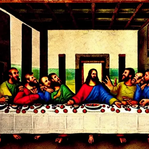 Prompt: The Last Supper but everybody's face is unnaturally elongated and screaming, dark atmosphere, creepy, enducing fear