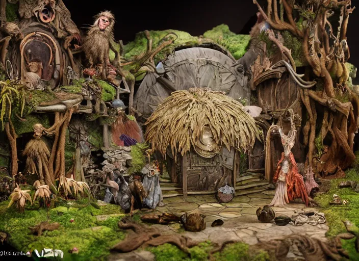 Image similar to detailed studio photography of a fantasy claymation diorama of the dark crystal, zeiss lens, detailed, by erwin olaf, joop geesink, wes anderson, jim henson, brian froud, breathtaking, 8 k resolution, beautiful lighting, studio light, extremely detailed, beautiful, establishing shot, realistic materials, weta digital fx manuka, unreal engine, hyperrealistic