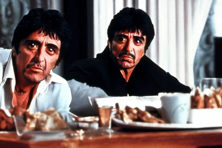 Prompt: tony montana from movie scarface 1 9 8 3 sitting at a big black oak table with big transparant packages of flour. next to the night window. al pacino. perfect symmetric face, coherent eyes,, fine details, 4 k, ron cobb, cinestill