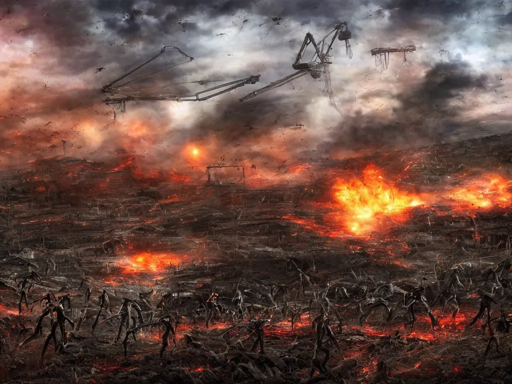 Image similar to landscape art of 8k ultra realistic war of the worlds walkers, destruction, full of colour, cinematic lighting, trending on artstation, 4k, hyperrealistic, focused, extreme details,unreal engine 5, cinematic, masterpiece, Edwardian, tripod, red weed, apocalyptic, demolition, heat ray, artillerymen, eve of war, dead london, invasion, art by Geoff Taylor