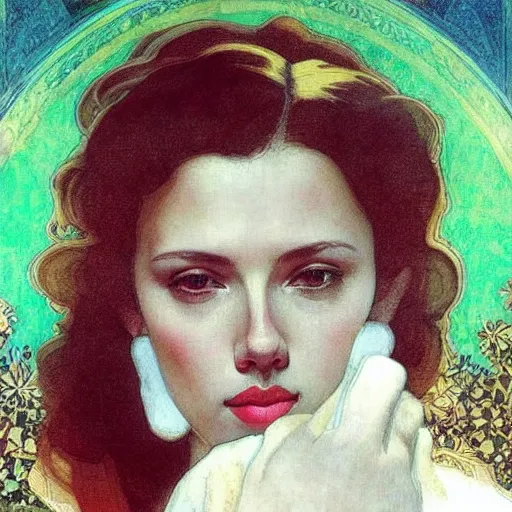 Image similar to “Scarlett Johansson portrait, Alfons Maria Mucha”