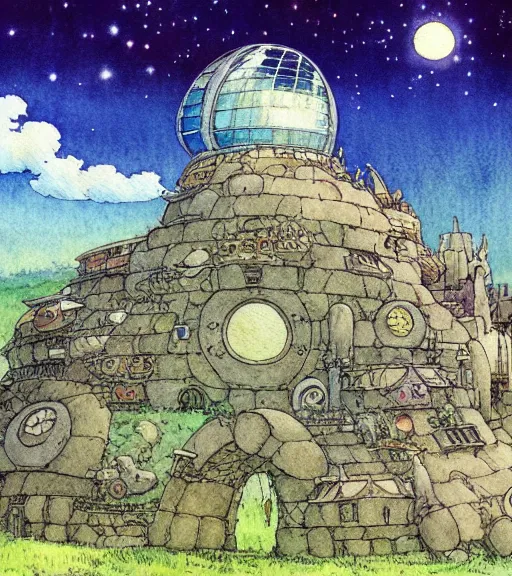 Prompt: hyperrealist studio ghibli watercolor fantasy concept art of an immense earthship solar home from howl's moving castle sitting on stonehenge like a stool. it is a misty starry night. by rebecca guay, michael kaluta, charles vess