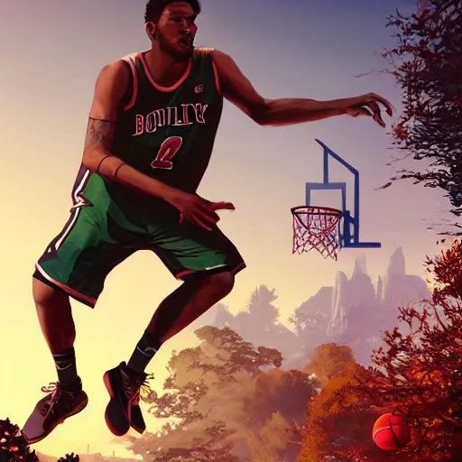 Image similar to highly detailed basketball player, in gta v, stephen bliss, unreal engine, fantasy art by greg rutkowski, loish, rhads, ferdinand knab, makoto shinkai and lois van baarle, ilya kuvshinov, rossdraws, tom bagshaw, global illumination, radiant light, detailed and intricate environment