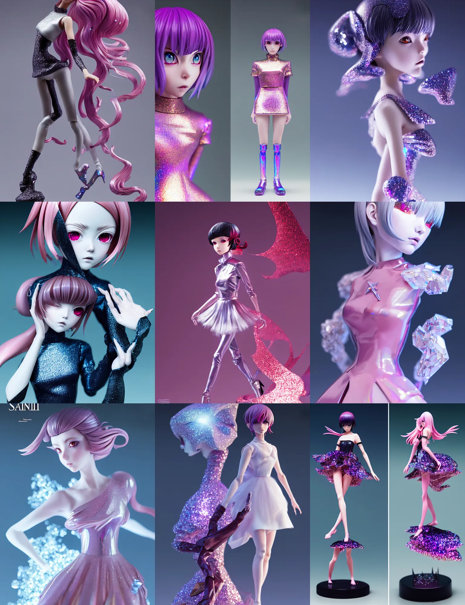 Image similar to sakimi, james jean, ilya kuvshinov isolated magical anime haute couture vinyl figure, avant hairstyle, artisan designer figure photography, glitter accents on figure, crystal holographic undertones, expert human proportions, high detail, ethereal lighting, rim light, expert light effects on figure, sharp focus, dramatic composition and glowing effects unreal engine, octane, editorial awarded best character design