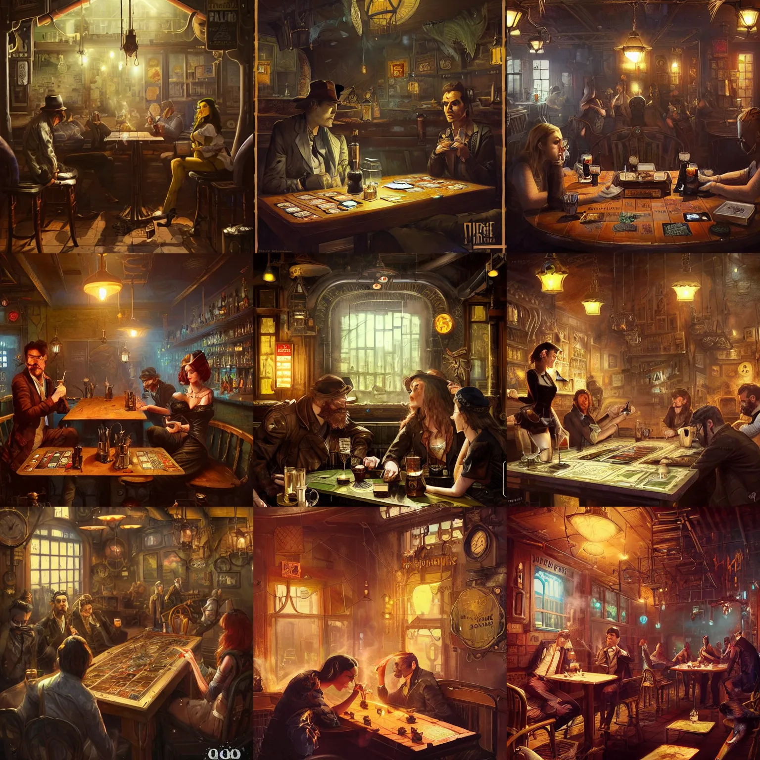 Prompt: kiwi birds in the interior of a steampunk pub, Greg Rutkowski, Milo Manara, night time, smoking cigarettes, playing board games, highly detailed, Quentin Tarantino movie posters, pulp fiction, level design, concept art, artstation, cgsociety, zenith view