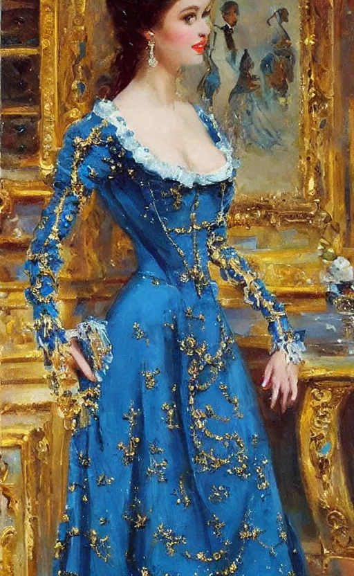 Image similar to Elegant laydy in blue robotic victorian dress with gold ornaments. By Konstantin Razumov, highly detailded