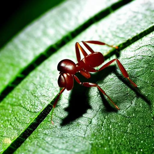 Image similar to cybernetic ant on a green leaf, macro photography, 8 k, cinematic lighting, shallow depth of field,