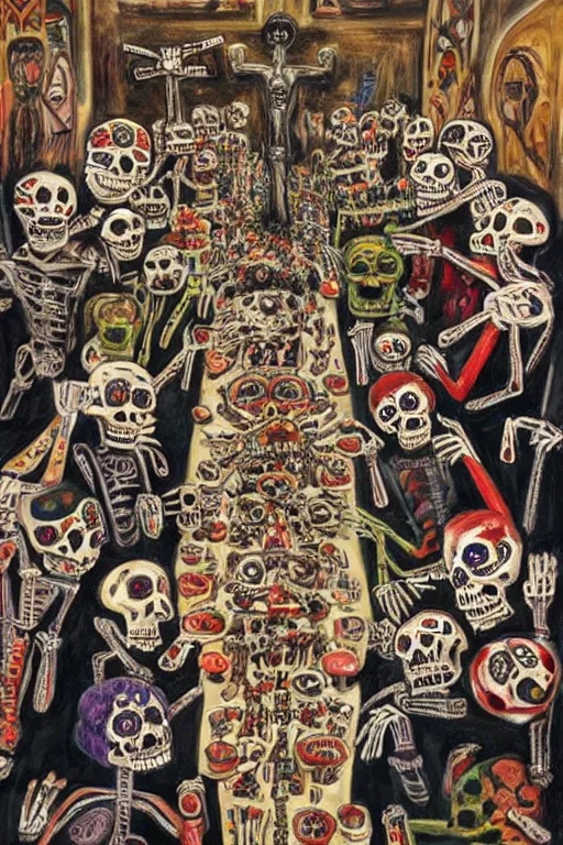 Prompt: scene from a subway, celebrating day of the dead, cyber skeletons eating their brains out at a long crucifix - shaped table, queen in black silk in the center neon painting by otto dix