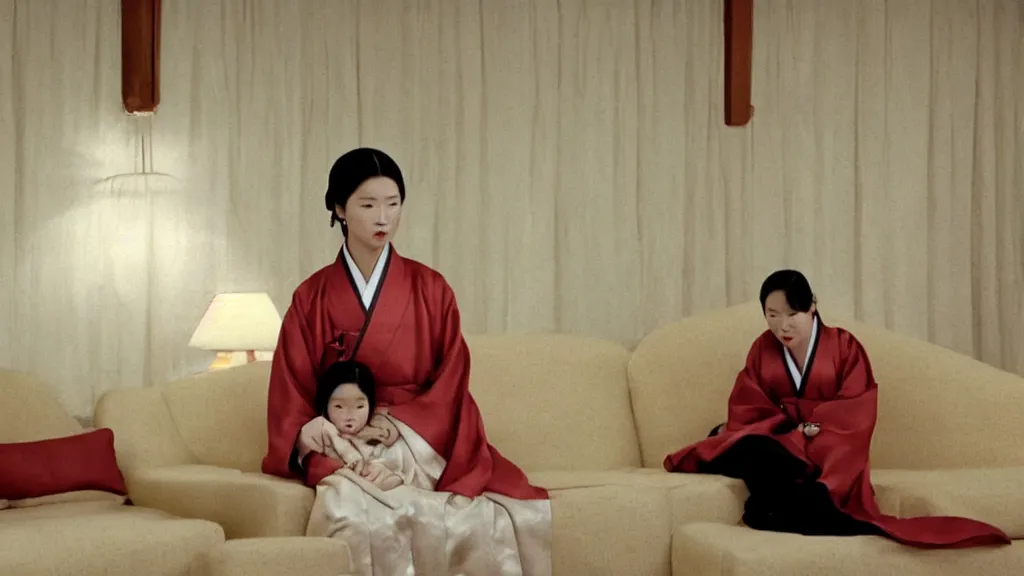 Prompt: shadow of a monstrous starfish is seen behind a woman in hanbok sitting on a couch, traditional korean interior, kaiju - eiga monster movie by denis villeneuve, cinematography by akira kurosawa and ishiro honda