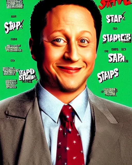 Image similar to 90s comedy movie poster of stapled a movie about someone who turned into a stapler starring Rob Schneider