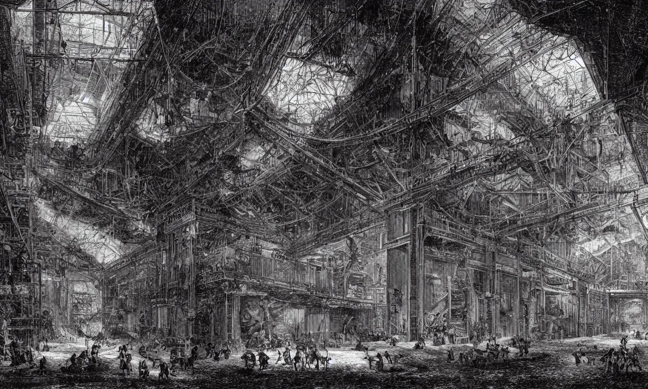 Prompt: dark glowing cargo hall and corridors of huge space ship halls cages with strange animals detailed piranesi lithography