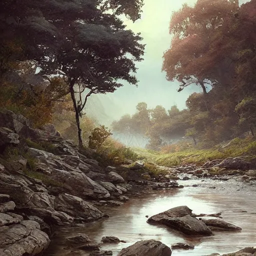 Image similar to a beautiful landscape, river, rocks, trees, by greg rutkowski