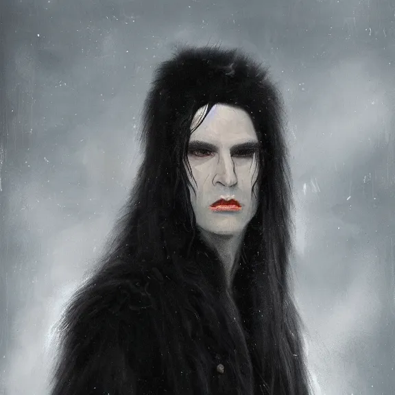 Prompt: long black hair handsome vampire lord wearing fur lined coat, portrait, oil on canvas, concept art, field of depth, fantasy, grim, dark