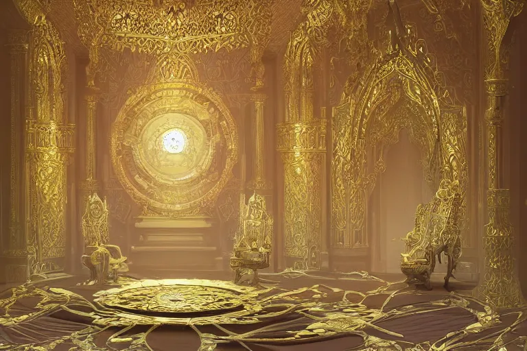 Prompt: Fantasy Asian inspired royal throne room with infinitely high ceilings, infinitely long corridors, gilded and bejeweled, natural lighting, digital painting, concept art by Shaddy Safadi