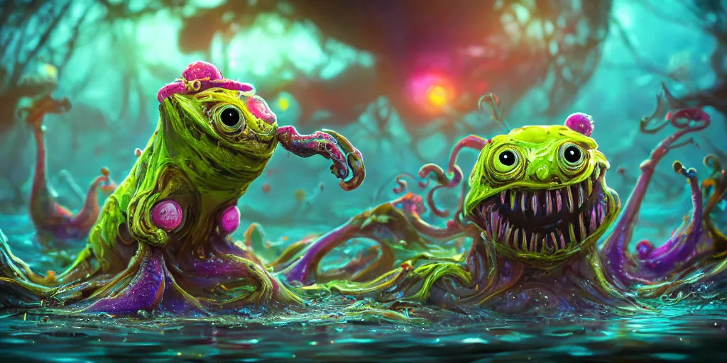 Prompt: of an intricate murky colorful river with strange cute friendly happy creatures with huge eyes long tongue round teeth and funny face appearing from the water, in the style of craola, macro lens, shallow depth of field, highly detailed, digital painting, trending artstation, concept art, illustration, cinematic lighting, vibrant colors, photorealism, epic, octane render