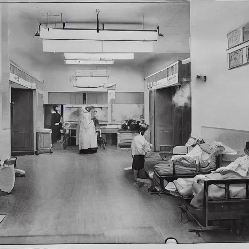 Image similar to an image of a civic hospital clinic, in a medium full shot, russian and japanese mix, high - key lighting, warm lighting, overcast flat midday sunlight, a vintage historical fantasy 1 9 1 5 photo from life magazine, professional cooperate, the new york times photojournalism.