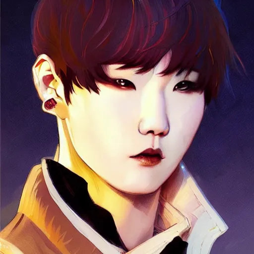 Image similar to MIN YOONGI is ZUKO, night time, dynamic lighting , looking at his FIRE SCAR reflection, +++ super super super dynamic posing, j.c. leyendecker, Valentina Remenar, thick eyebrows, super serious facial expression