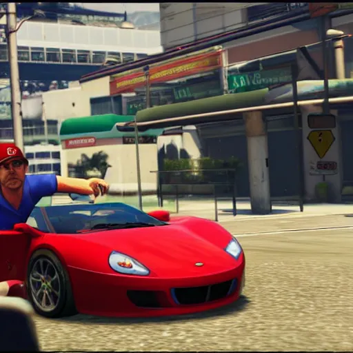 Image similar to a screenshot of GTA V with mario driving a car