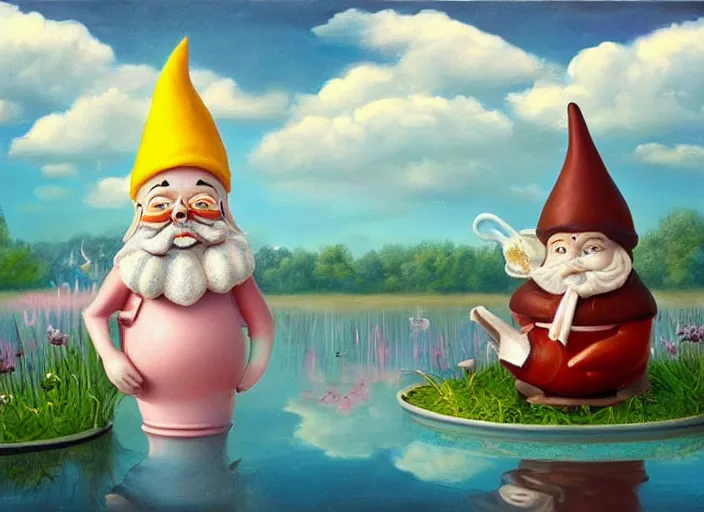 Image similar to a garden gnome sailing in a teacup, whimsical background of a reflective pond on a sunny day with dramatic clouds, an ultrafine detailed painting by mark ryden, trending on deviantart, pop surrealism, whimsical, lowbrow, joyous