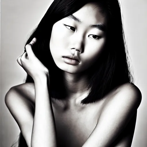 Image similar to photo portrait of beautiful 2 0 - year - old asian woman by'inez and vinoodh ','models. com ', elegant, luxury, masterpiece