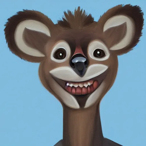 Prompt: painted portrait of an anthropomorphic hyena smiling, cartoon style