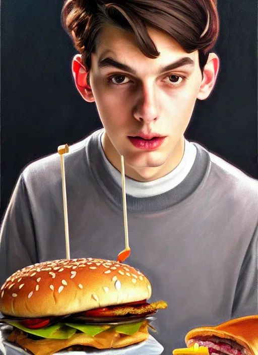 Prompt: oil painting, teenage jughead jones, wears a light grey crown, and devours a hamburger, intricate, elegant, highly detailed, pinocchio nose, lighting, painting, artstation, smooth, illustration, art by greg rutowski and alphonse mucha