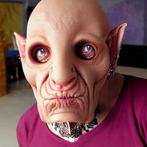 Image similar to ferengi from star trek with tons of ear piercings and tattoos