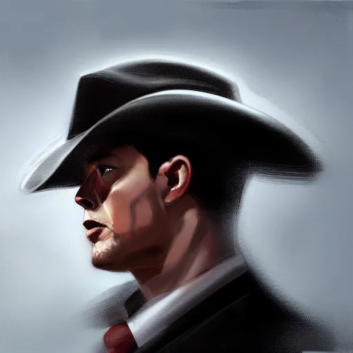 Prompt: a profile photo of a elon musk with a cowboy hat, side profile, D&D, sci-fi, elegant, sinister, muscular, highly detailed, digital painting, artstation, concept art, smooth, sharp focus, illustration