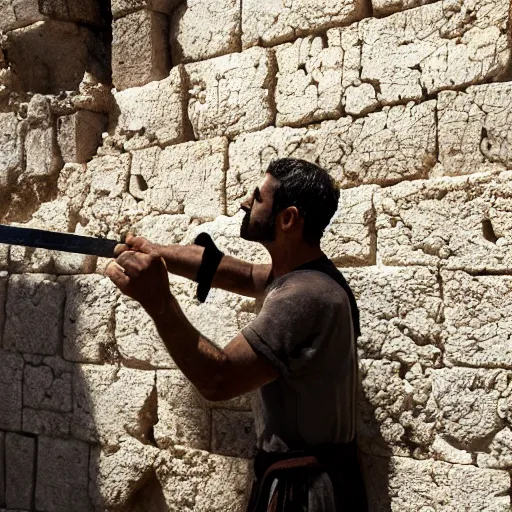 Image similar to award winning cinematic still of 40 year old Mediterranean skinned man in Ancient Canaanite clothing fixing a crumbled wall in Jerusalem, holding a sword and a chisel, dramatic lighting, strong shadows, directed by Ridley Scott