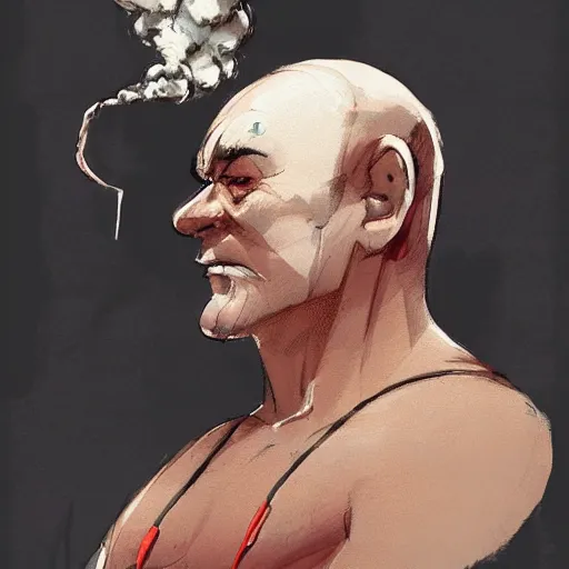 Prompt: concept art for a balding middle - aged character wearing a singlet while smoking, by dustin nguyen, akihiko yoshida, greg tocchini, trending on artstation, 8 k