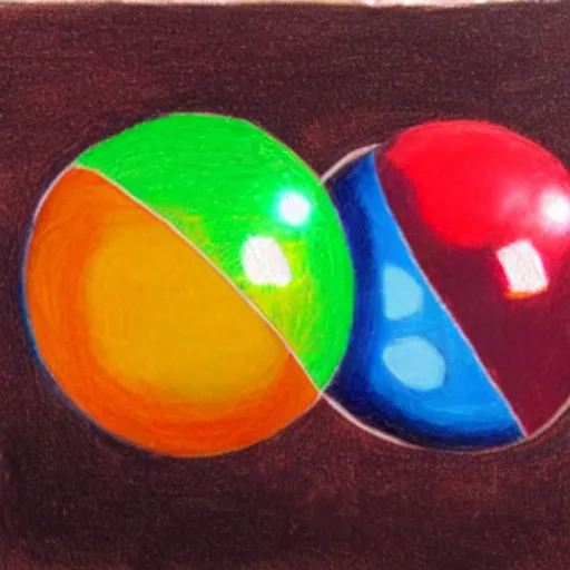 Prompt: chrome spheres on a red cube, drawn with crayon