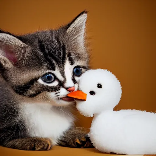 Prompt: a kitten licking a duck, studio photography, close - up