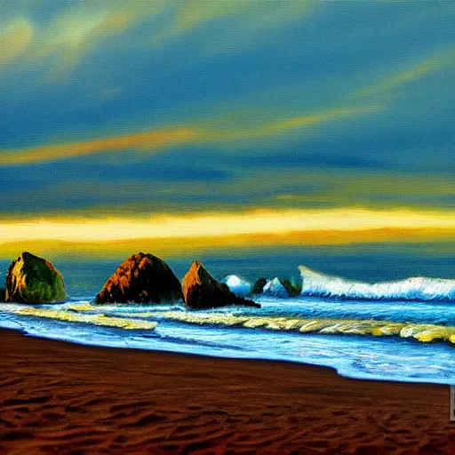 Image similar to cannon beach realistic painting at sunset