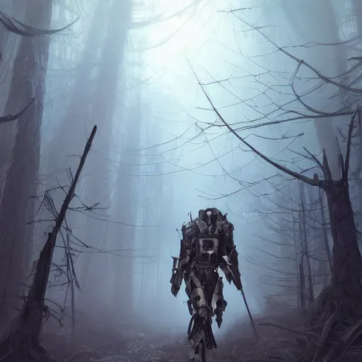 Prompt: Huntsman in combat dieselpunk giant walker exoskeleton with wooden details walks between the mystical foggy swamp. Style as if Dan Mumford and Tsutomu Nihei make game in Unreal Engine, photorealism, colorful, finalRender iridescent fantasy concept art 8k resolution concept art ink drawing volumetric lighting bioluminescence, plasma, neon, brimming with energy, electricity, power, Colorful Sci-Fi Steampunk Biological Living, cel-shaded, depth, particles, lots of reflective surfaces, subsurface scattering