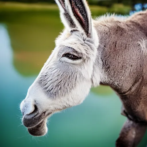 Image similar to close up photo of a donkey, drinking water from a lake in tasmania, bokeh, 4 k award winning nature photography