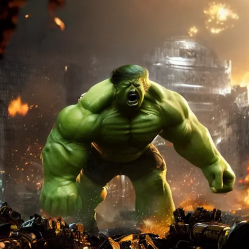 Image similar to ' donald trump as the hulk in gears of war, splash art, movie still, detailed face, maga, cinematic lighting, dramatic, octane render, long lens, shallow depth of field, bokeh, anamorphic lens flare, 8 k, hyper detailed, 3 5 mm film grain