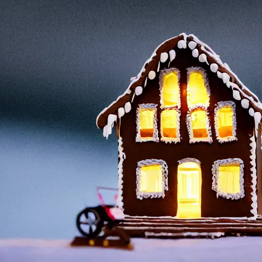 Prompt: cinematic photo of removalists moving furniture into a gingerbread house in the early morning