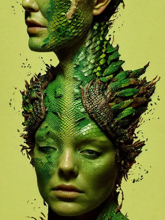 Prompt: portrait of the queen, skin peeling to reveal green! scales!, forked snake tongue sticking out, art by ryo shiotani and greg rutkowski, intricate, beautiful, portrait photography, cinematic lighting, vintage art by serge ivanoff, high resolution, very detailed