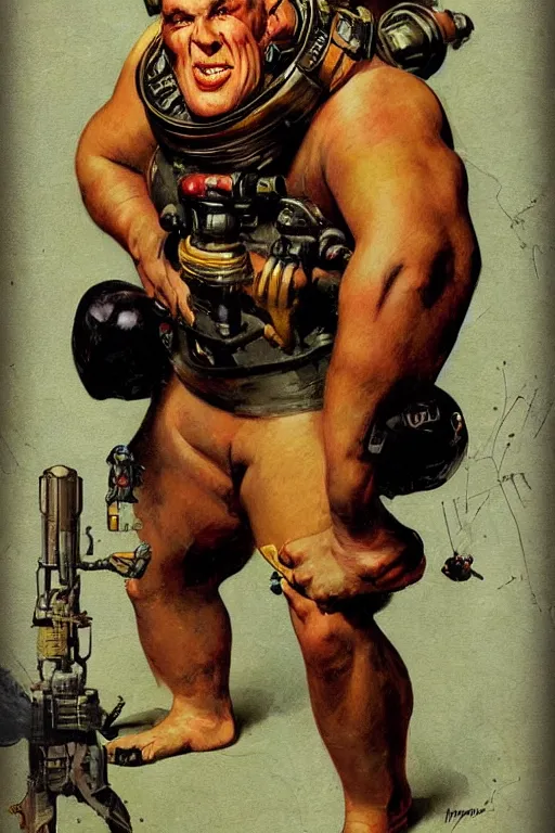 Image similar to 5 0 s pulp scifi fantasy illustration full body portrait martyn ford as huge troll wearing space armou, by norman rockwell, roberto ferri, daniel gerhartz, edd cartier, jack kirby, howard v brown, ruan jia, tom lovell, frank r paul, jacob collins, dean cornwell, astounding stories, amazing, fantasy, other worlds