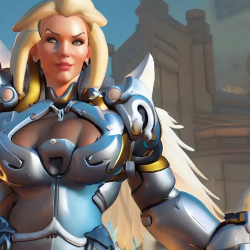 Prompt: a screenshot of arnold schwarzenegger as mercy in overwatch, full body shot