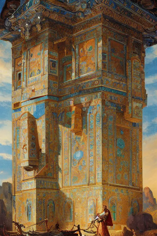 Prompt: glorious painted tower of the sun and stars by Ludwig Deutsch and Rudolf Ernst and tyler edlin, dramatic cinematic lighting , beautiful colorful tilework, ornate architecture, smooth, sharp focus, extremely detailed