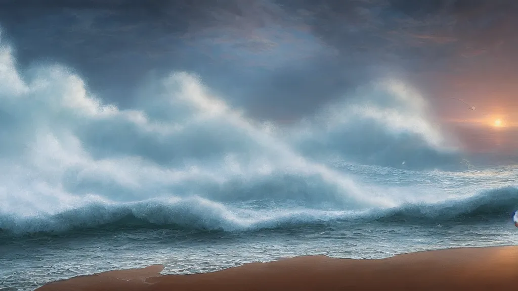 Image similar to first person view of breaking waves on the shore, summer, delicate fog, sea breeze rises in the air, by andreas rocha and john howe, and Martin Johnson Heade, featured on artstation, featured on behance, golden ratio, ultrawide angle, f32, well composed