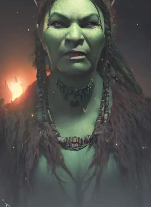 Prompt: A fantasy comic book style portrait painting of a shaman female orc in a atmospheric dark fortress, unreal 5, DAZ, hyperrealistic, octane render, RPG portrait, ambient light, dynamic lighting