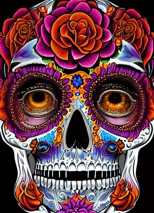 Image similar to portrait of a sugar skull, flaming eyes, intricate, highly detailed, smooth, digital illustration, artstation, the dark and quirky art of scott radke