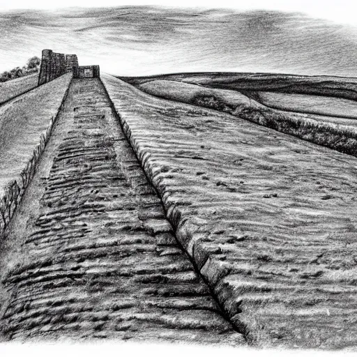 Image similar to pencil illustration of hadrian's wall