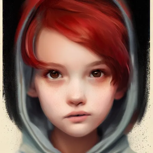 Image similar to a cute tiny girl with short red hair wearing a hoodie, digital art, very beautiful face, pretty face, very detailed eyes, full body illustration, 8 k resolution, soft painting, by greg rutkowski, wlop, rossdraws,